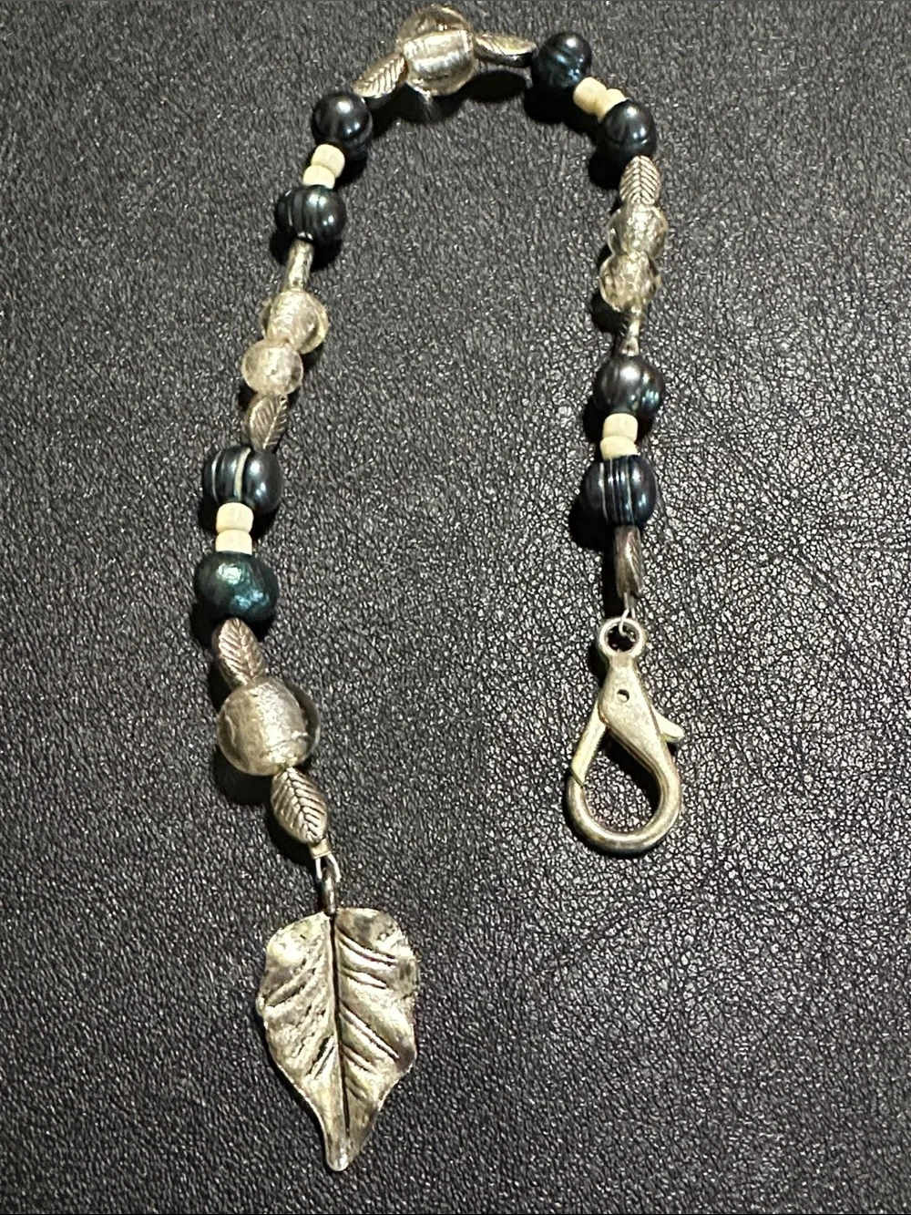 Silver Tone Leaves, Glass, Pearl & White Bead 10” Key Chain/Bag Charm